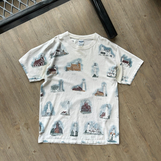 VINTAGE 90s | Michigan Light Houses All Over Print White T-Shirt sz L Adult