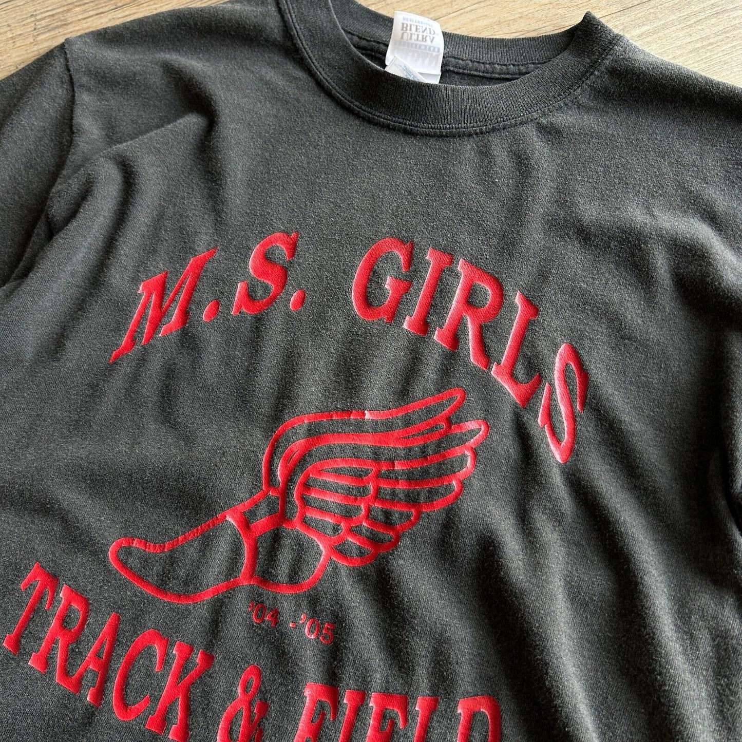 VINTAGE | M.S Girls Track & Field Faded Black T-Shirt sz S