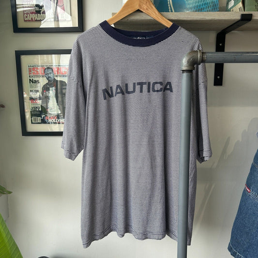 VINTAGE | Nautica Spell Out Horizontal Striped T-Shirt sz XXL Adult