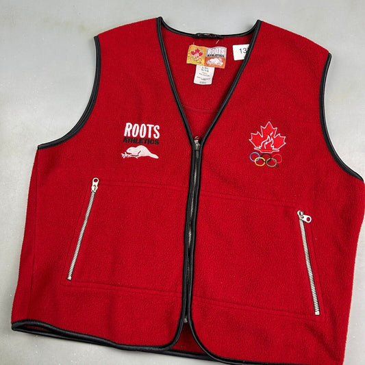 VINTAGE 90s ROOTS Athletics Olympics Red Fleece Zip Up Vest Sweater sz L Adult