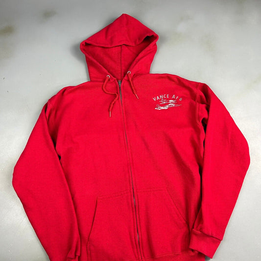 VINTAGE 90s Vance AFB Airforce Red Zip Up Hoodie Sweater sz Small Mens