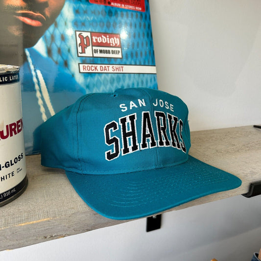 VINTAGE 90s | San Jose Sharks Arch Logo STARTER Hockey Snapback HAT One Size