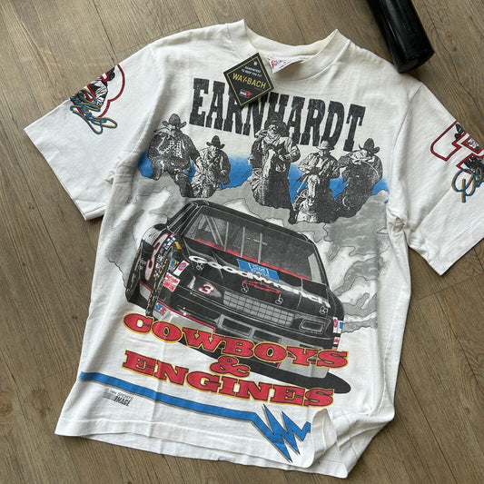 VINTAGE 1994 | Dale Earnhardt Cowboys & Engines AOP White T-Shirt sz M Adult