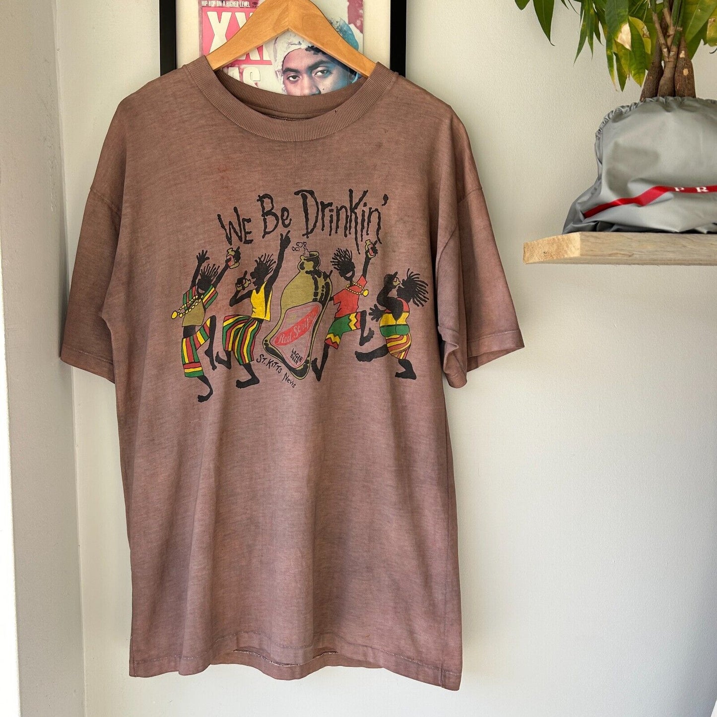 VINTAGE 90s | We Be Drinkin Red Stripe Over Dyed Brown T-Shirt sz M-L