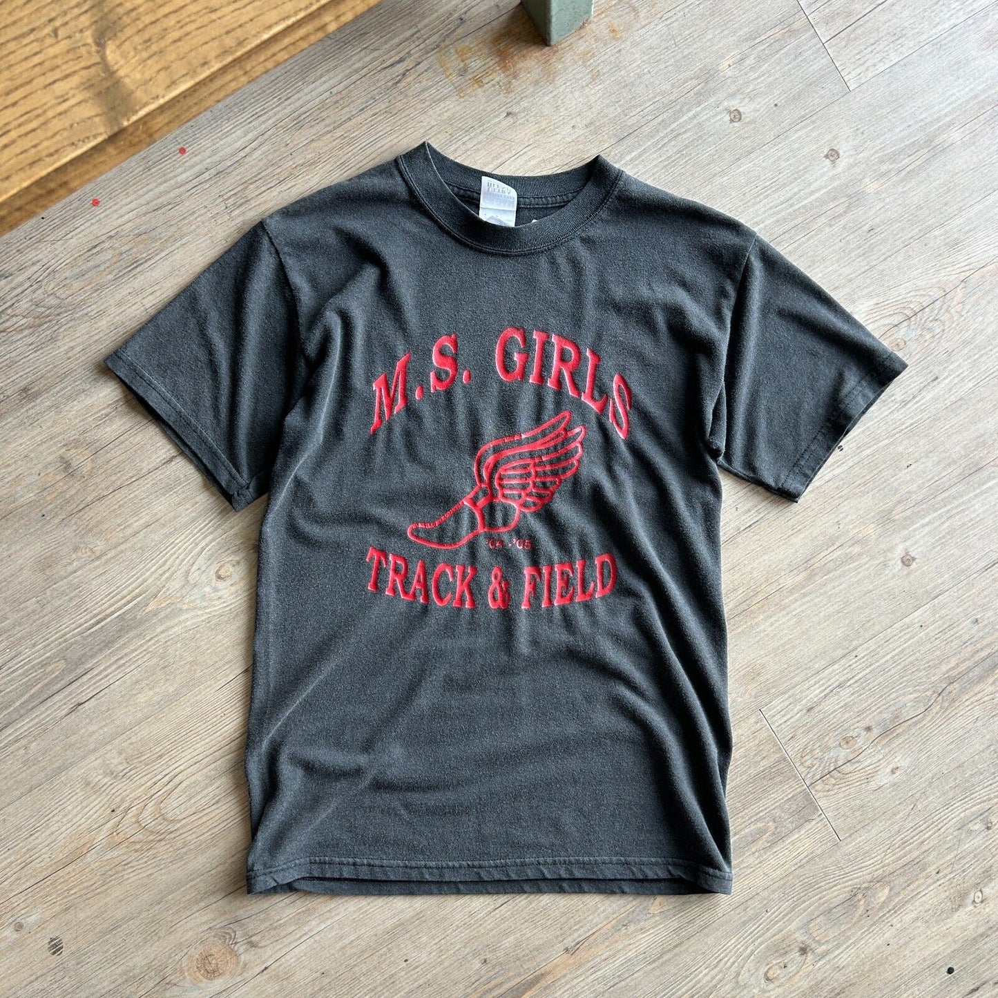 VINTAGE | M.S Girls Track & Field Faded Black T-Shirt sz S