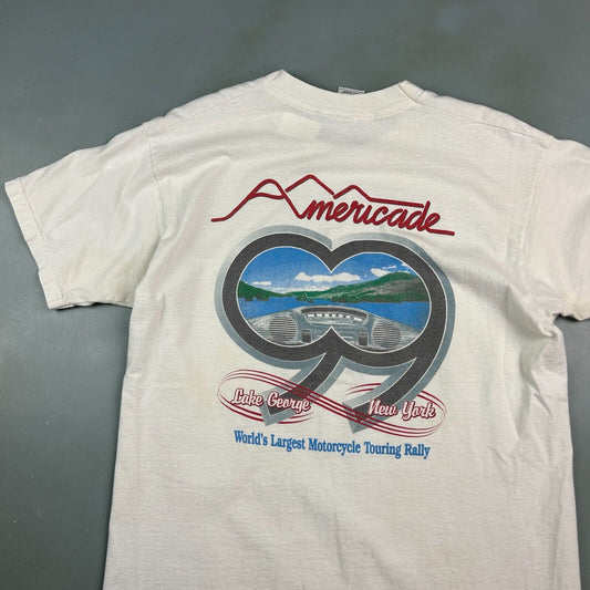 VINTAGE 1999 | Americade Motorcycle Rally White Biker T-Shirt sz L Adult