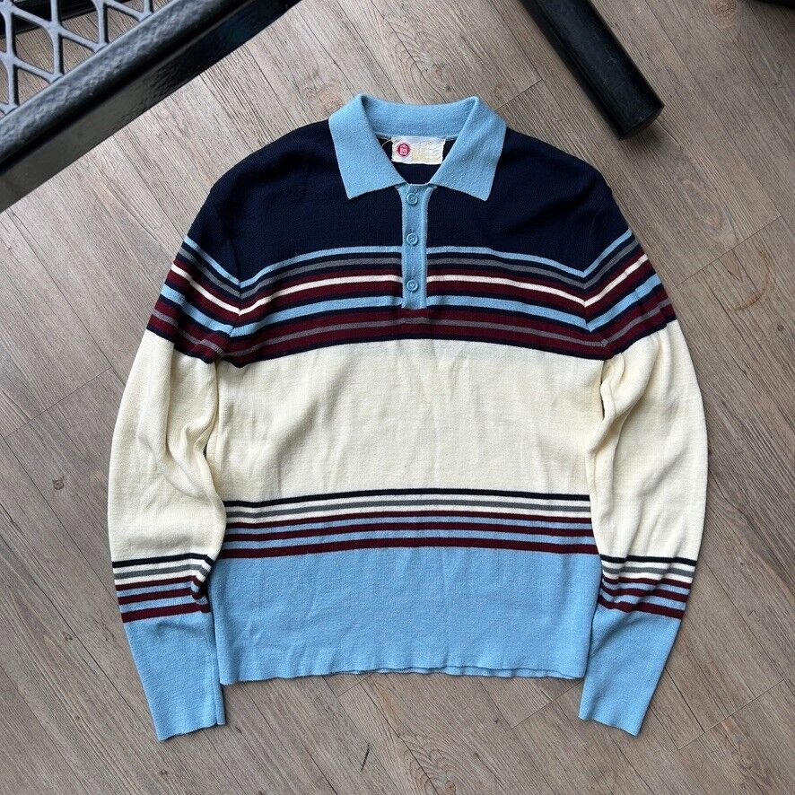 VINTAGE 70s | Kings Road Collared Striped Rugby Knit Sweater sz M