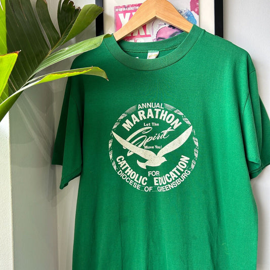 VINTAGE 80s | Catholic Education Marathon Green T-Shirt sz M Adult