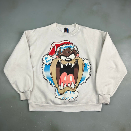 VINTAGE 90s TAZ Big Face Christmas White Crewneck Sweater sz Large Adult