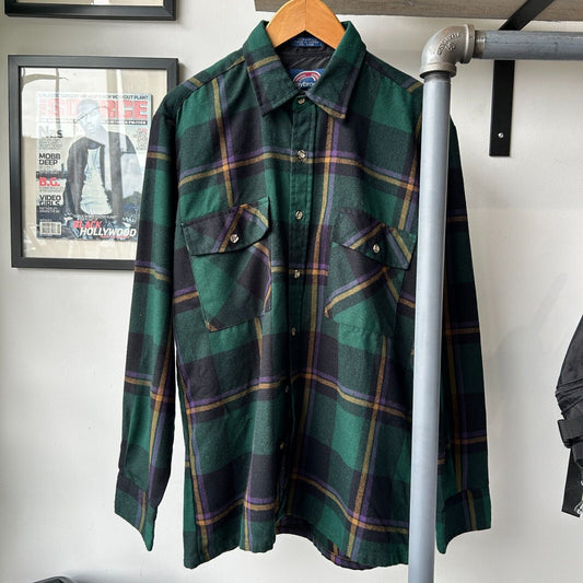 VINTAGE 90s | Green Flannel Button Down Shirt sz M