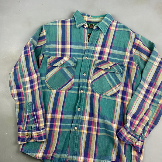 VINTAGE 90s GFC Faded Plaid Flannel Button Up Shirt sz Medium Adult