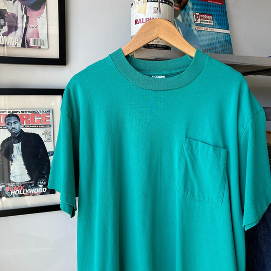 VINTAGE 90s | Blank Aqua Pocket T-Shirt sz XL Adult