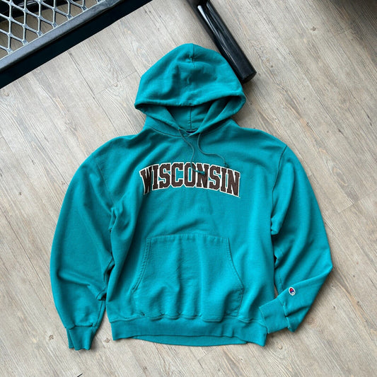 VINTAGE | WISCONSIN Teal Champion Hoodie Sweater sz L Adult