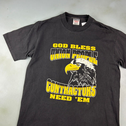 VINTAGE 90s | God Bless UNION People Contractors Need Em T-Shirt sz L Adult