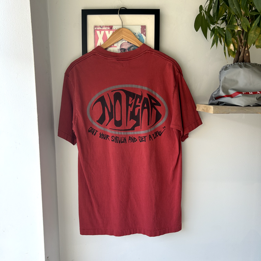 Vintage 1990s No Fear Sing Stitch Red Graphic T-Shirt sz XL Adult