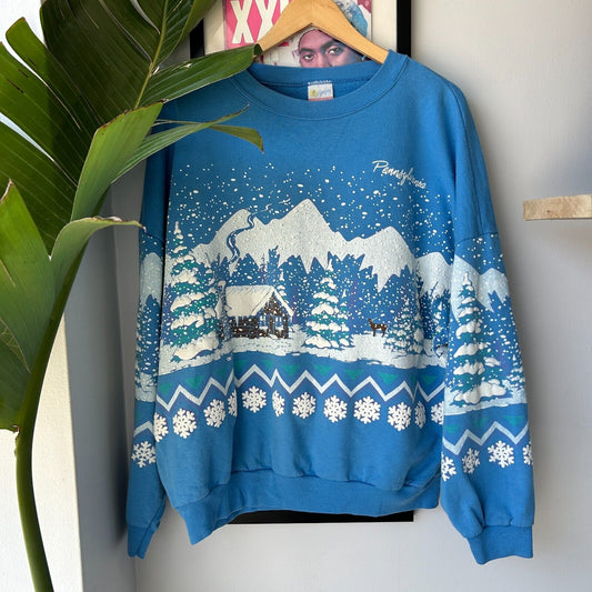 VINTAGE 90s | Pennsylvania Winter Nature Wrap Graphic Sweater sz L-XL Adult