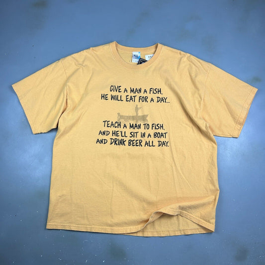 VINTAGE | Teach A Man To Fish Yellow Quote T-Shirt sz XXL Men Adult