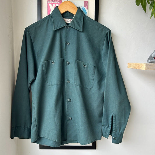 VINTAGE 70s 80s | Jet Crew Green Button Down Work Shirt sz S