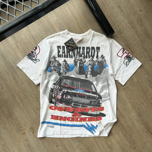 VINTAGE 1994 | Dale Earnhardt Cowboys & Engines AOP White T-Shirt sz M Adult