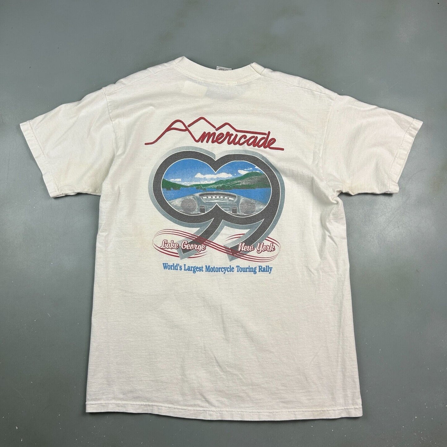 VINTAGE 1999 | Americade Motorcycle Rally White Biker T-Shirt sz L Adult