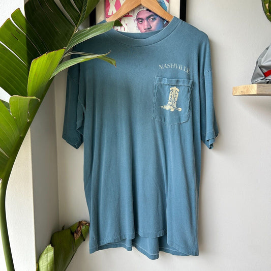 VINTAGE 90s | Nashville Boot Clay Blue Pocket T-Shirt sz M-L