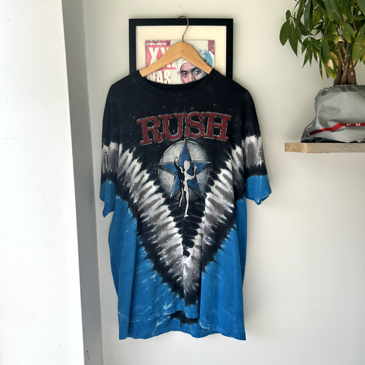 RUSH All Over Print Tie Dye Liquid Blue Graphic T-Shirt sz L AOP