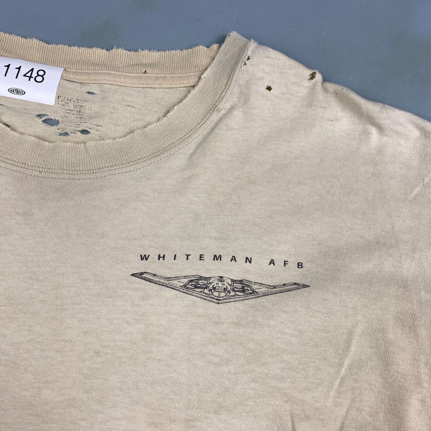 VINTAGE Whiteman AFB Jet Faded Tan Distressed T-Shirt sz Large Adult