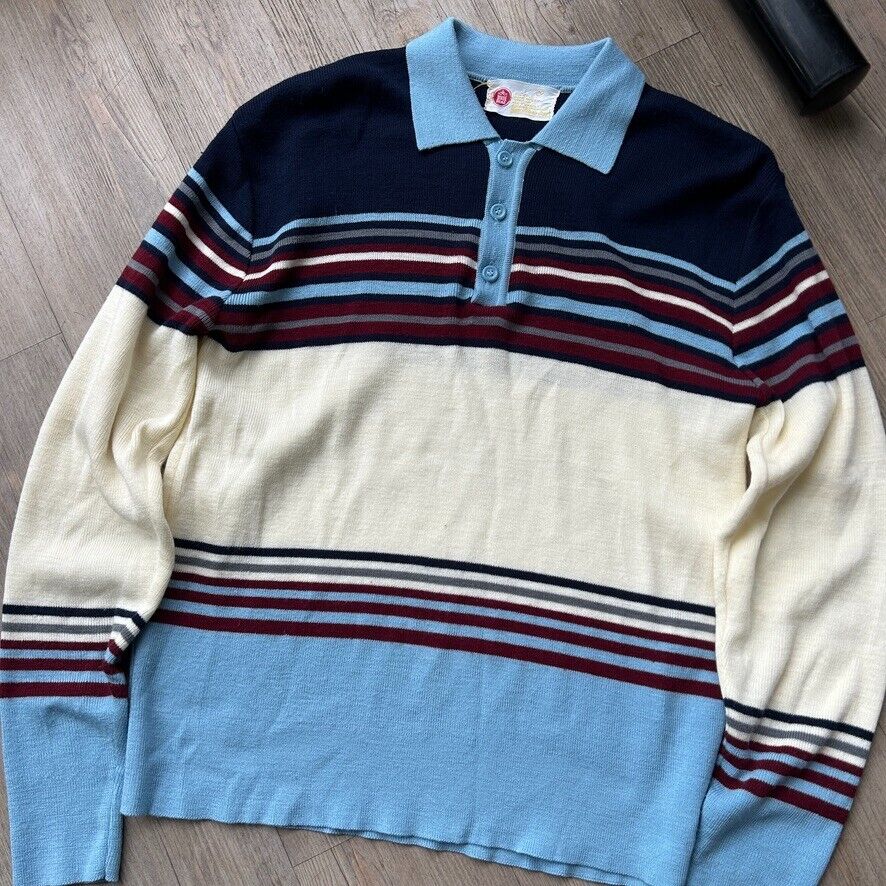 VINTAGE 70s | Kings Road Collared Striped Rugby Knit Sweater sz M