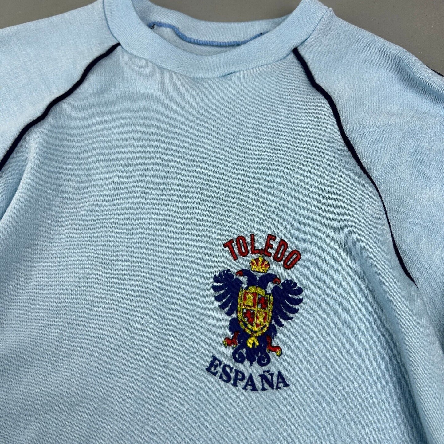 VINTAGE 70s | Toledo Espana Baby Blue Raglan Cut Crewneck Sweater sz S Adult