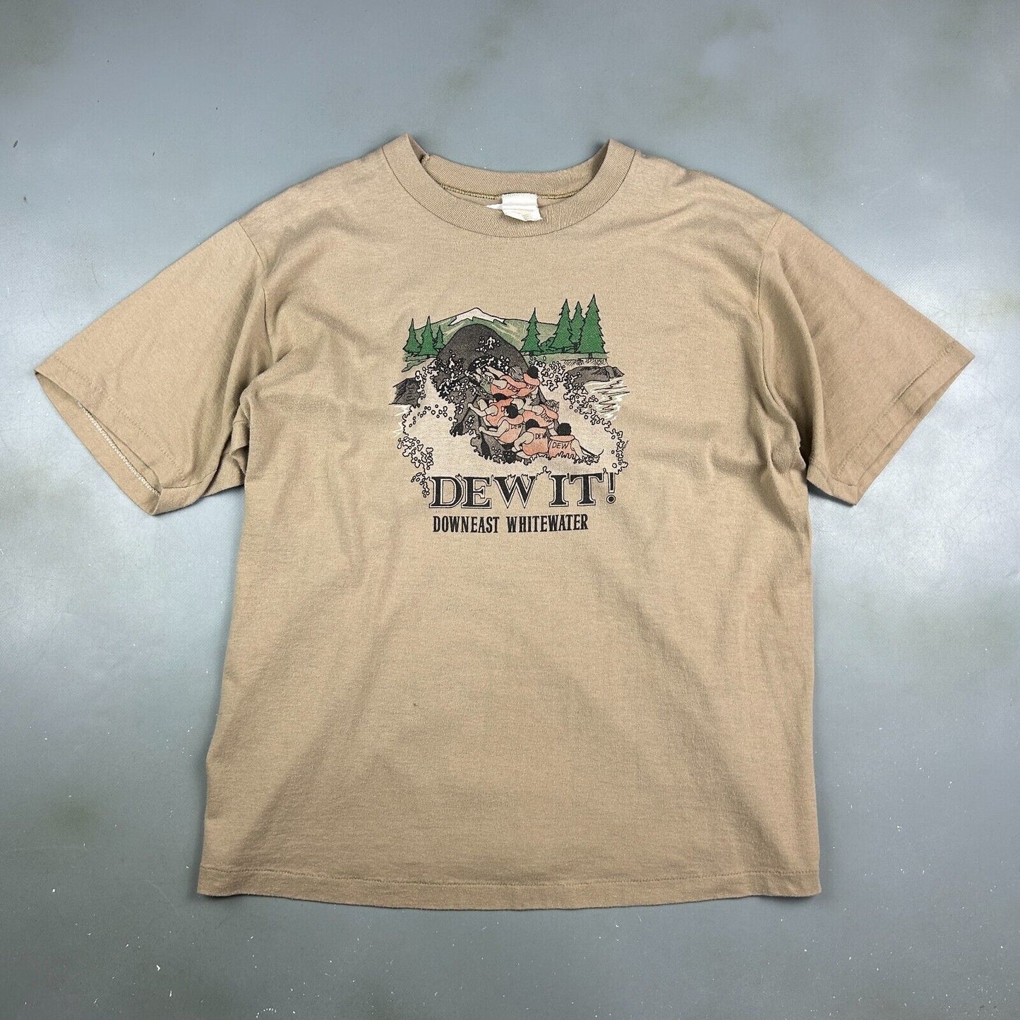 VINTAGE 80s | DEW IT! Downeast Whitewater Illustration Brown T-Shirt sz L Adult