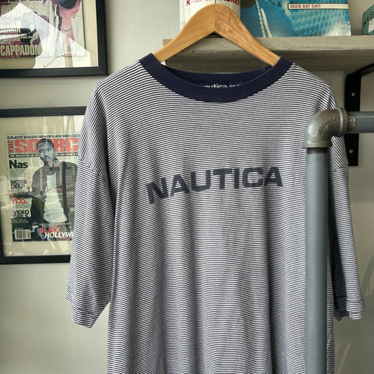 VINTAGE | Nautica Spell Out Horizontal Striped T-Shirt sz XXL Adult