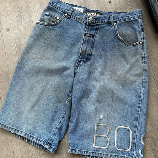 VINTAGE | BOSS Embroidered Thrashed Baggy Jean Shorts sz W33