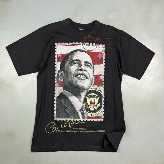 VINTAGE | Barack Obama Postage Stamp Black T-Shirt sz L Adult