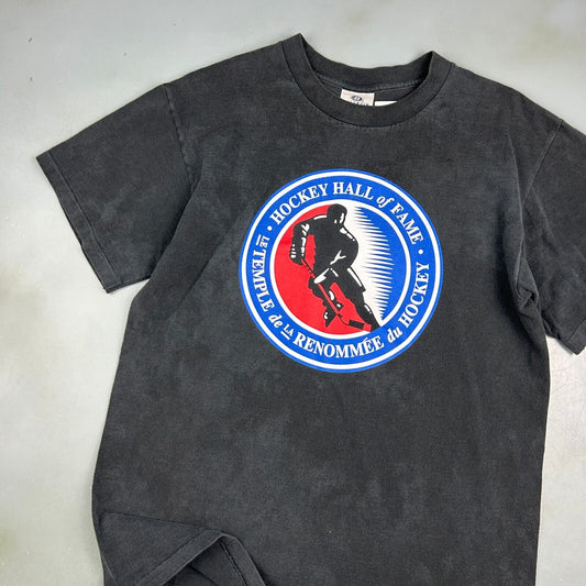 VINTAGE 90s | Hockey Hall Of Fame Logo Faded Black T-Shirt sz M Adult