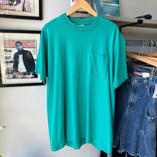 VINTAGE 90s | Blank Aqua Pocket T-Shirt sz XL Adult