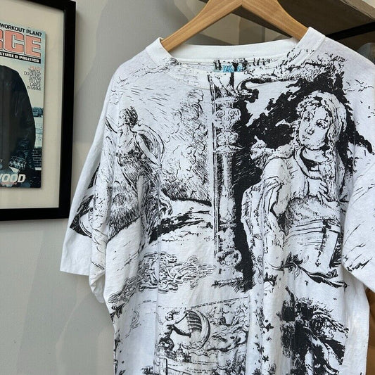 VINTAGE | Renaissance Drawing All Over Art Print T-Shirt sz XL