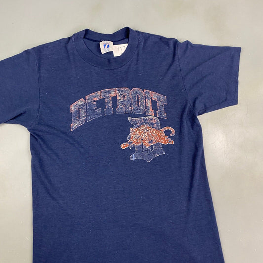 VINTAGE 80s MLB Detroit Tigers Faded Navy Baseball Logo 7 T-Shirt sz Small Adult