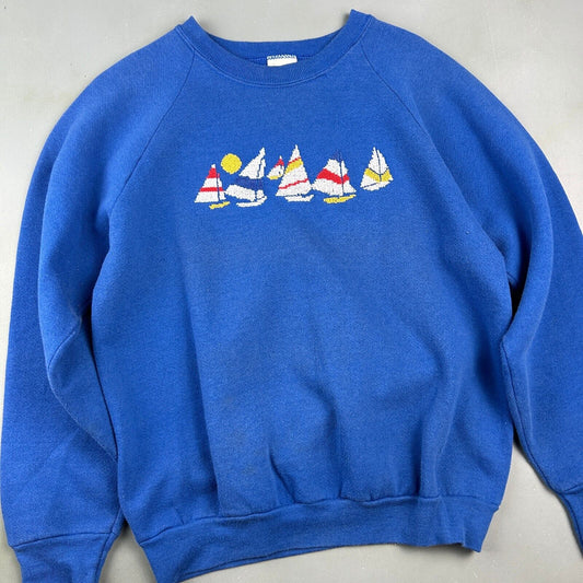 VINTAGE 90s | Hand Knit Sail Boat Print Crewneck Sweater sz S-M Adult