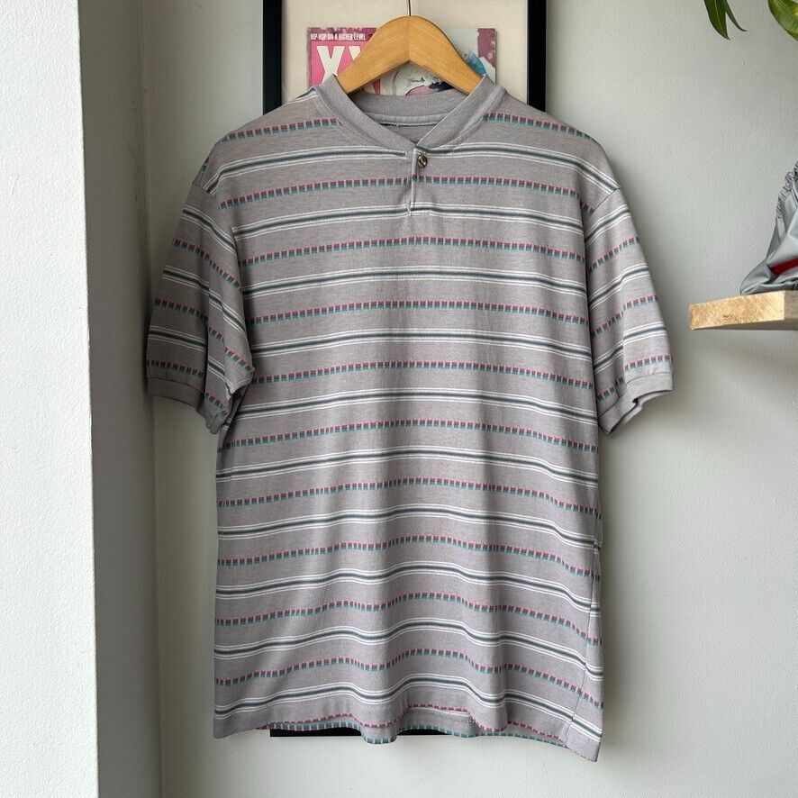 VINTAGE 90s | Striped Henley Blank T-Shirt sz M