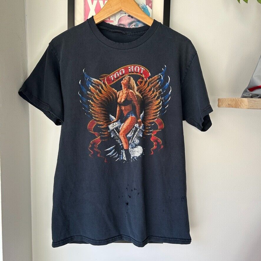 VINTAGE | Too Hot Pin Up Girl Thrashed Faded Biker T-Shirt sz S-M