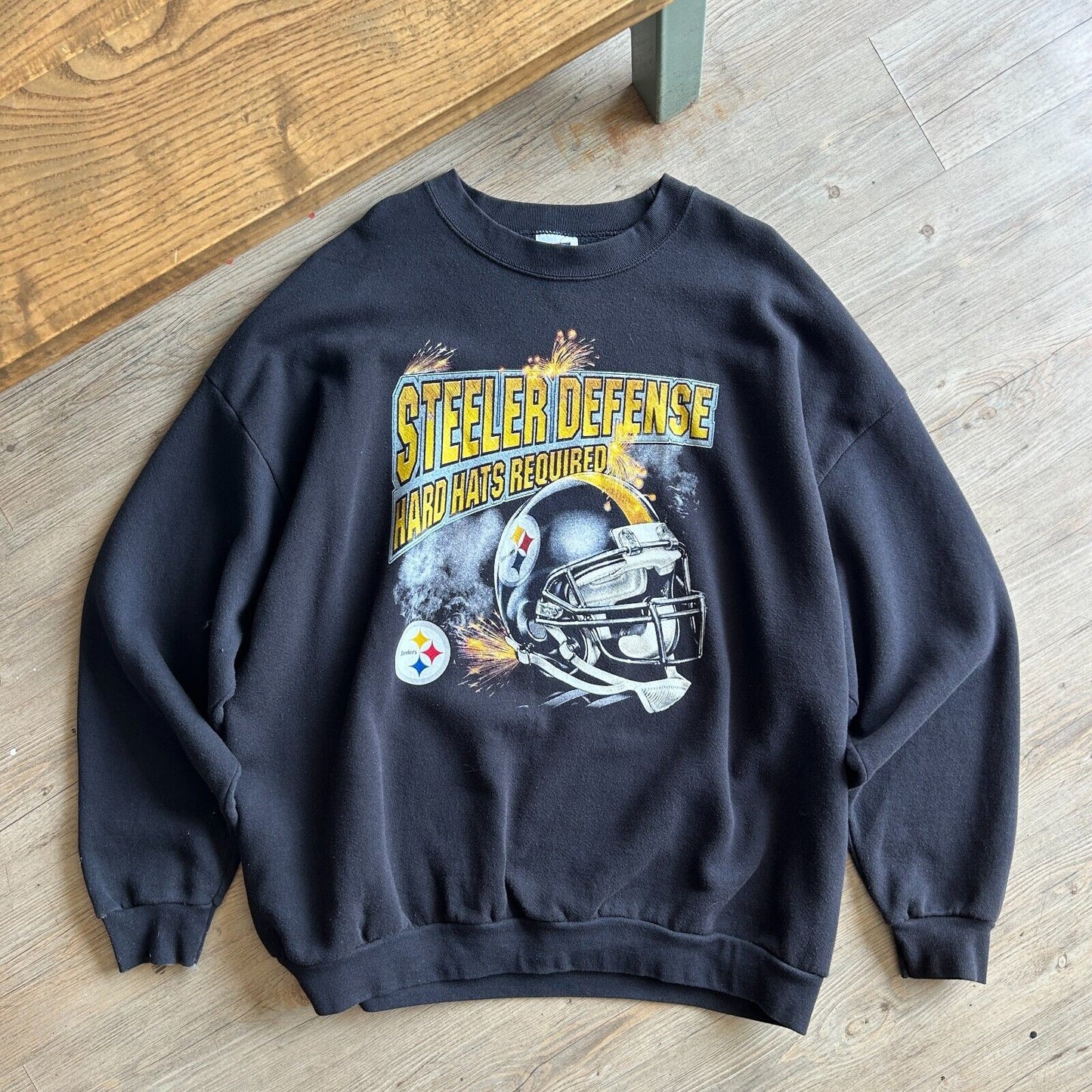 VINTAGE 90s | Pittsburgh Steelers Defense Hard Hats Required Crew Sweater sz XXL