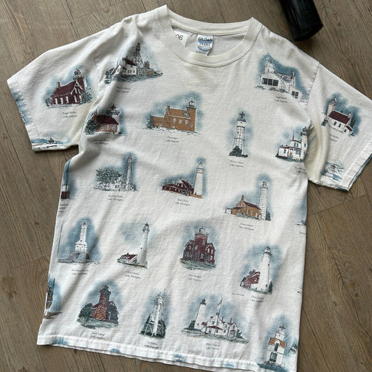 VINTAGE 90s | Michigan Light Houses All Over Print White T-Shirt sz L Adult