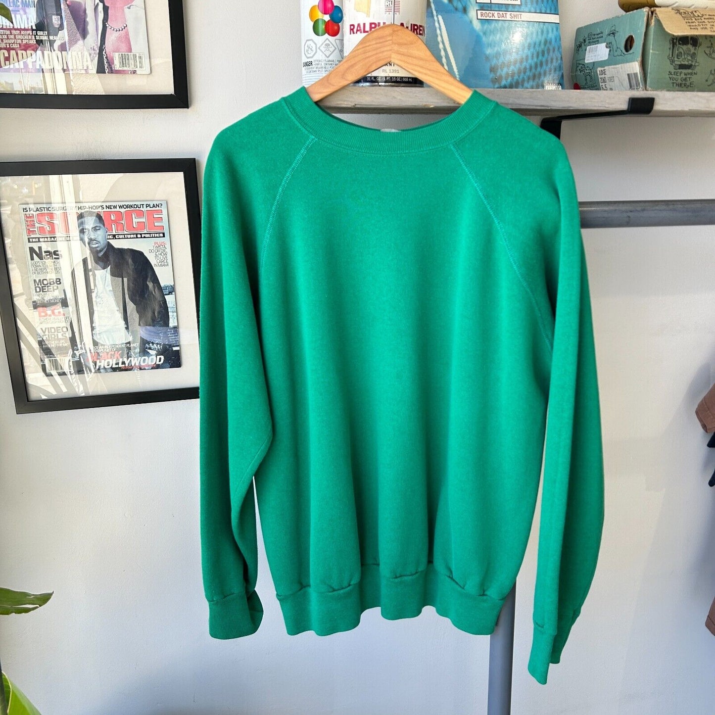 VINTAGE 80s | BLANK Green Raglan Cut Crewneck Sweater sz L Adult