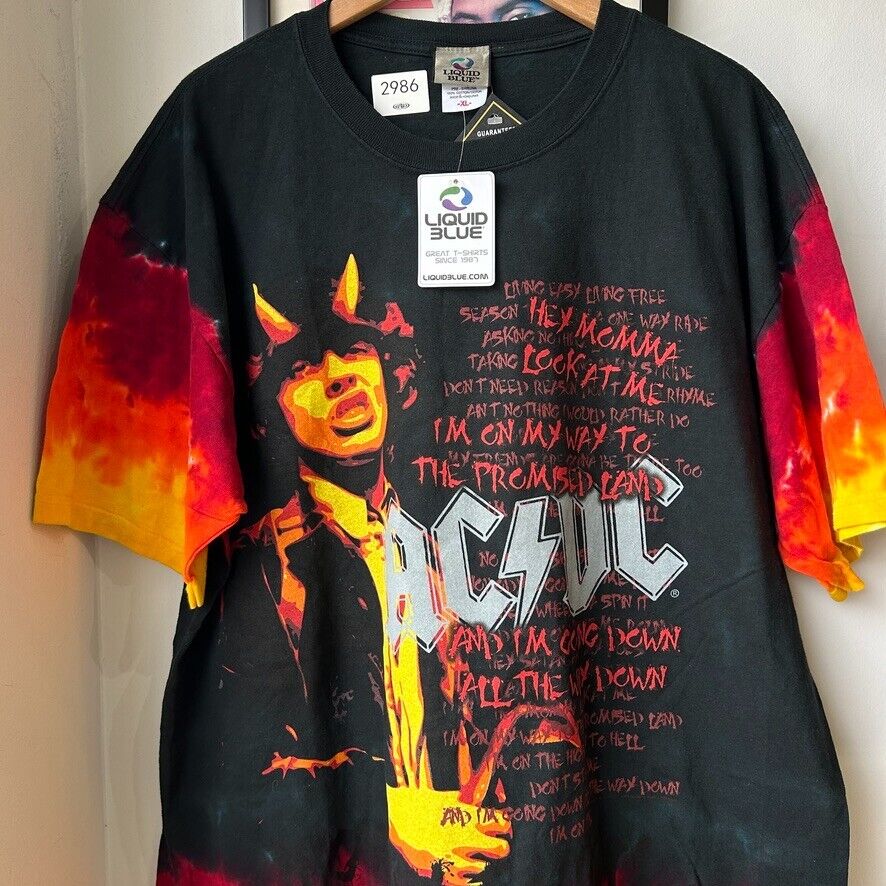 VINTAGE | ACDC Tye Dye Lyrics Liquid Blue Band T-Shirt NWT sz XL