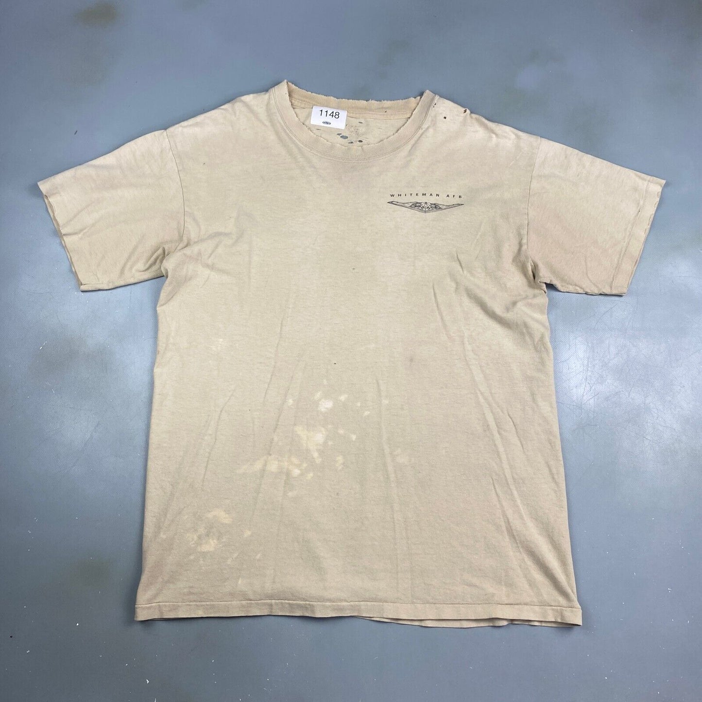 VINTAGE Whiteman AFB Jet Faded Tan Distressed T-Shirt sz Large Adult