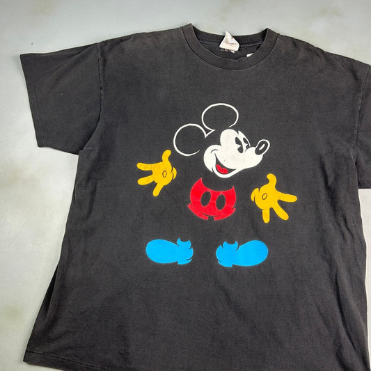 VINTAGE 90s Mickey Mouse Cartoon Black Faded T-Shirt sz XL Adult