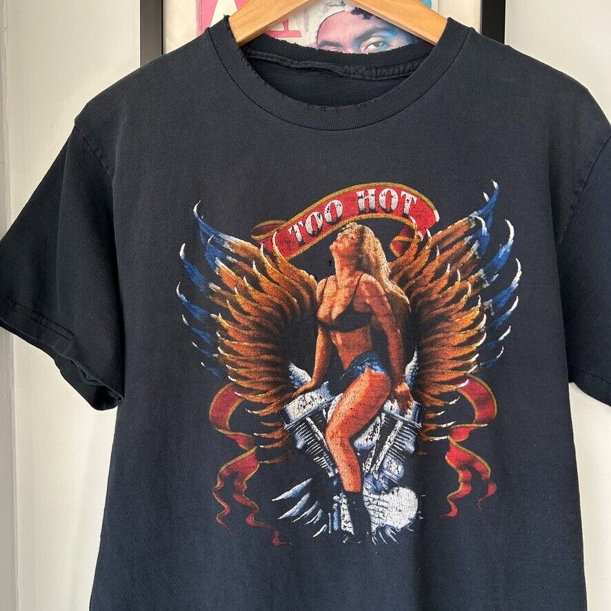 VINTAGE | Too Hot Pin Up Girl Thrashed Faded Biker T-Shirt sz S-M