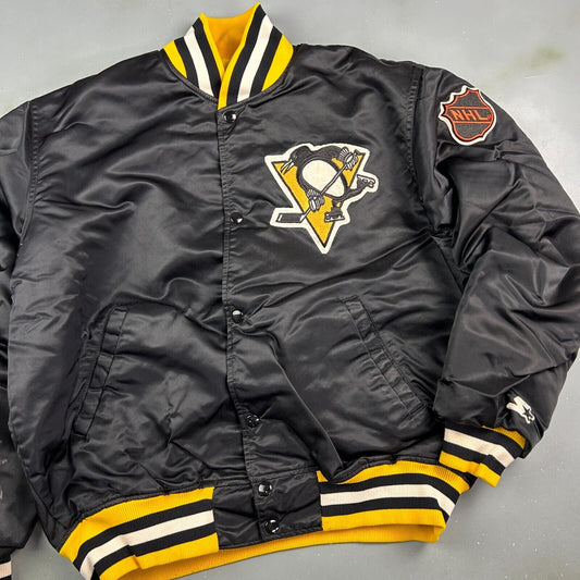 VINTAGE 80s | Pittsburgh Penguins NHL Starter Nylon Bomber Jacket sz L Adult