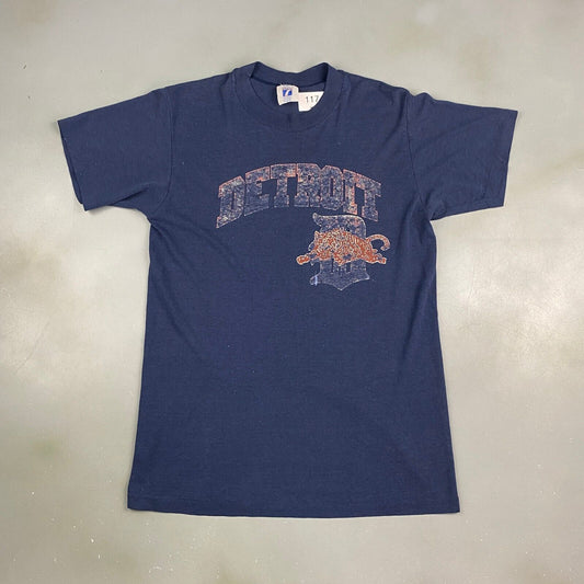 VINTAGE 80s MLB Detroit Tigers Faded Navy Baseball Logo 7 T-Shirt sz Small Adult