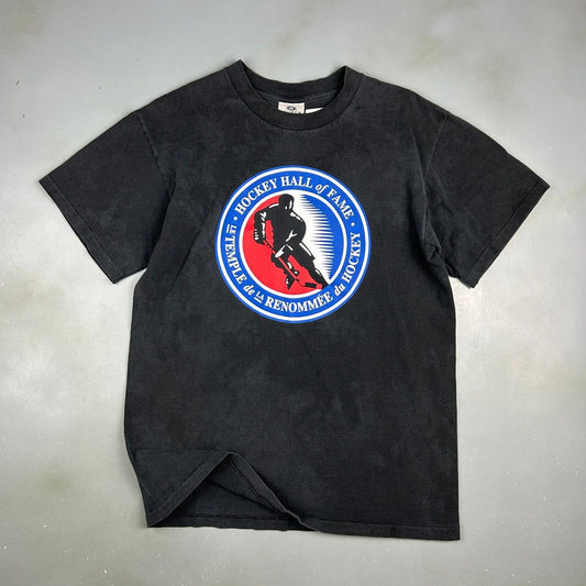 VINTAGE 90s | Hockey Hall Of Fame Logo Faded Black T-Shirt sz M Adult